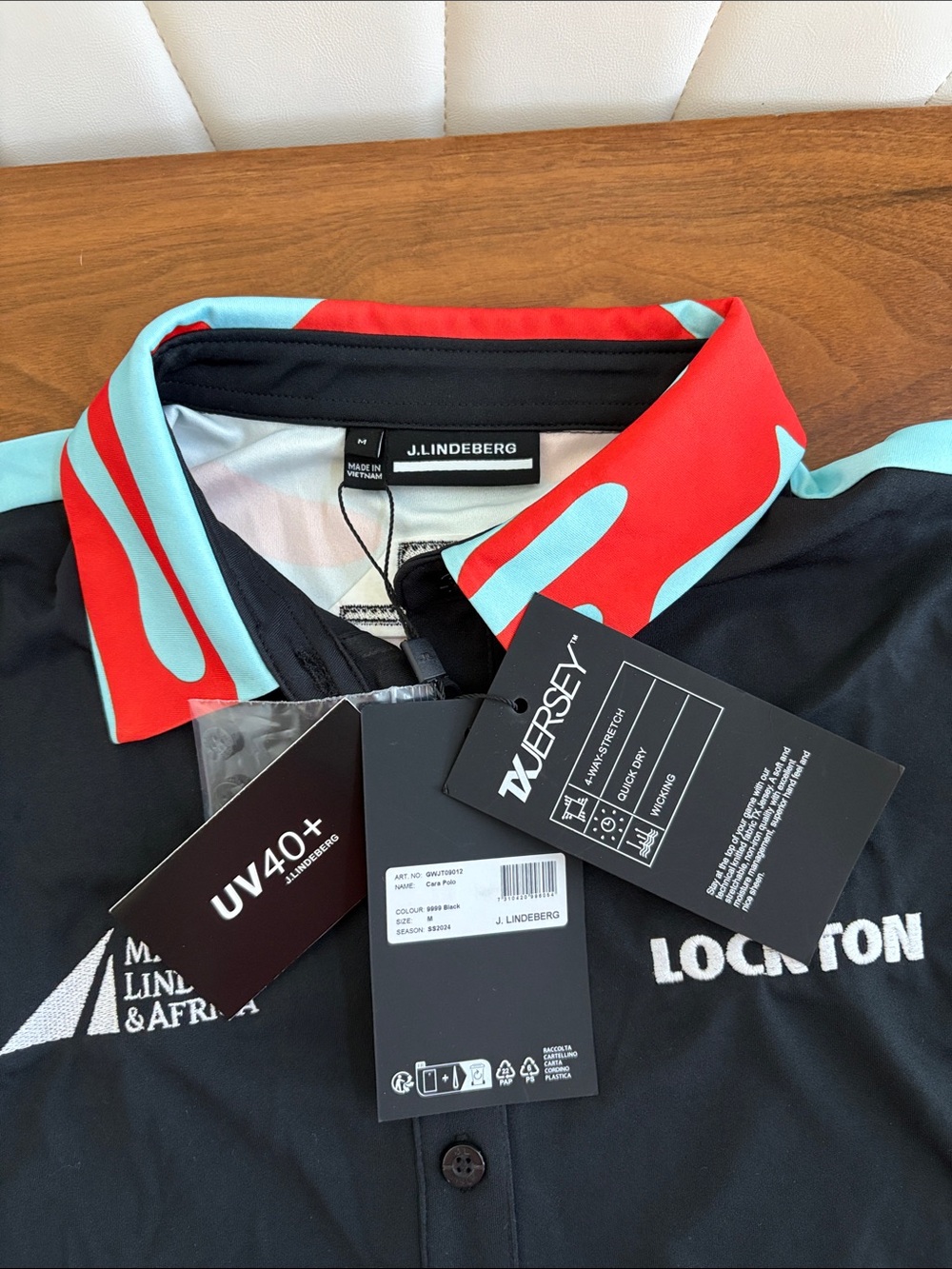 NEW! J.LINDEBERG Cara Golf Polo Black Aqua Red NWT Size Medium - Picture 6 of 9